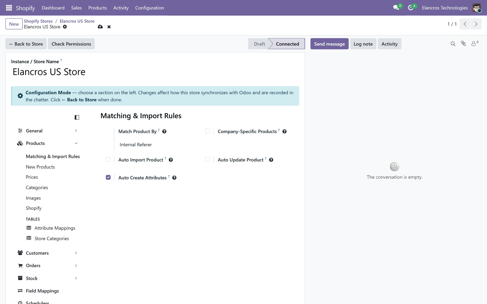 Product settings in configuration mode